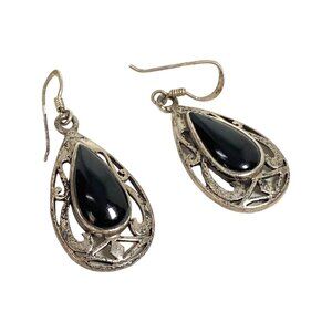 Vintage Earrings Sterling Silver 925 Onyx Teardrop Dangle Victorian Goth Witchy